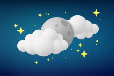 Night 3d moon in clouds and stars. Realistic plasticine sky and planet