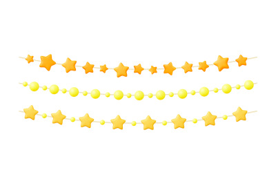 Party garlands, 3d stars and beads. Festive bright isolated garland, s