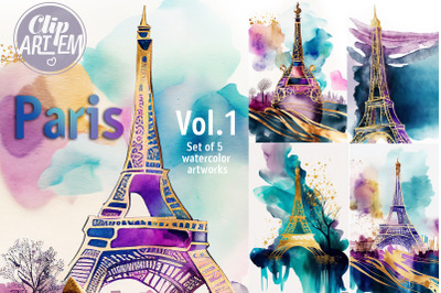 Paris Eiffel Tower France Painting 5 Watercolor JPEG Images Set Decor