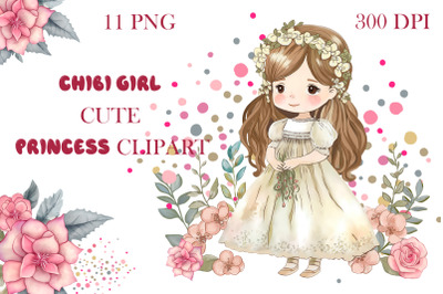 Chibi girl cute princess and fairy flowers Clipart