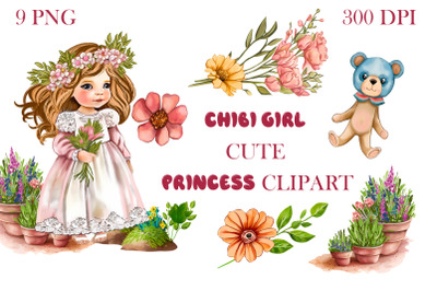 Chibi girl cute princess and flowers Clipart
