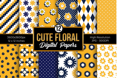 Navy &amp; Yellow Cute Floral Pattern Digital papers