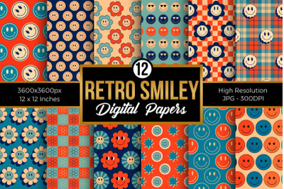 Retro Smiley Pattern Digital Papers, Happy Face Pattern