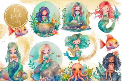 Underwater Girls &amp; Mermaid Clipart Set
