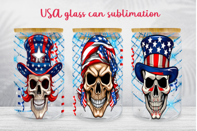 USA patriotic glass can wrap American skull libbey design