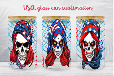 USA patriotic glass can wrap American skull libbey design