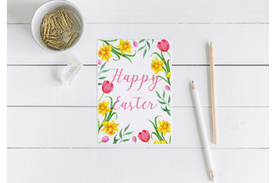 Happy Easter card with watercolor flowers