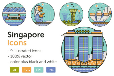 Singapore Landmarks Travel Icons