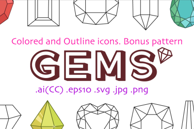 Colored and outline icons gems + pattern