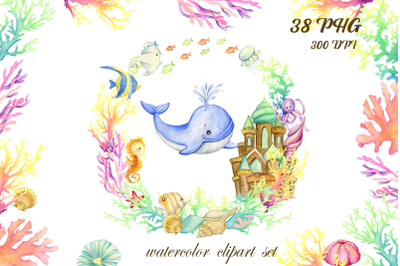 Underwater world, watercolor set of cliparts. Create your own design o