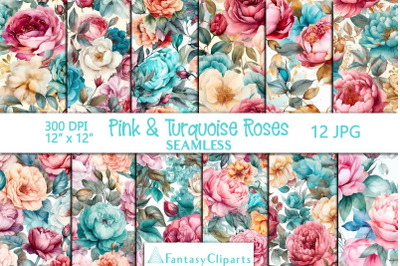 Hand drawn Watercolor Pink And Turquoise Roses Digital Paper