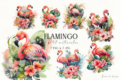 Watercolor Tropical Flamingos PNG, Tropical Flowers Clipart