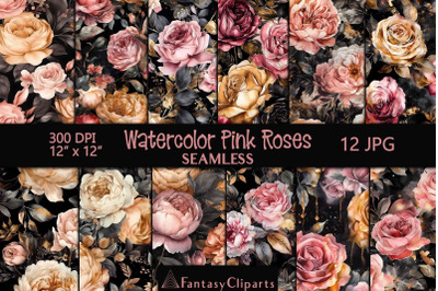 Hand drawn Watercolor Gothic Pink Roses And Peonies