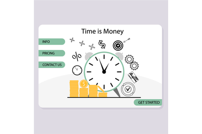 Time is money landing web page with clock and stack of coins