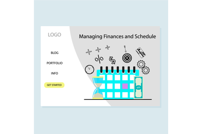 Managing finance and schedule landing page with calendar and hourglass