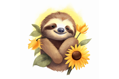 Cute Baby Sloth with Sunflower