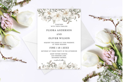 White Floral Botanical Wedding Invitation