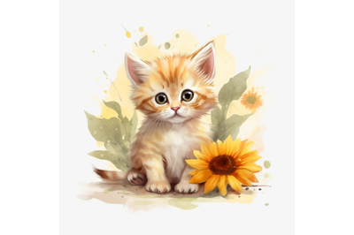 Cute Kitten with Sunflower