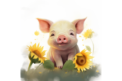 Cute Piggy with Sunflower