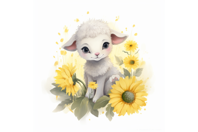 Cute White Lamb with Sunflower
