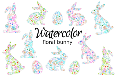 Watercolor floral bunny easter eggs