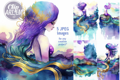 Charming Mermaid Painting Artwork  5 JPEG Images Set Home Decor Print