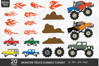 Monster Truck Element Clipart | 20 Variations