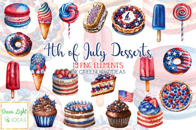 Watercolor 4th of July Desserts Clipart, Independence Day Graphics