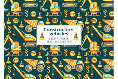 Construction vehicles watercolor seamless pattern. Baby toys, cars.