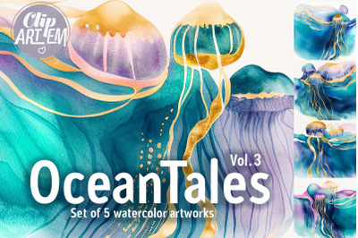 Jellyfish Painting Art Ocean Tales Vol.3 Watercolor 5 JPEG Images Set