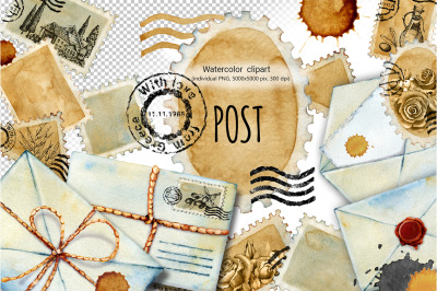 Postal watercolor clipart, blank postage stamps, envelope