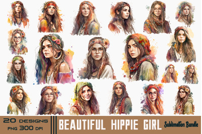 Beautiful Hippie Girl Watercolor Bundle