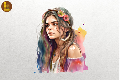 Beautiful Hippie Girl Watercolor