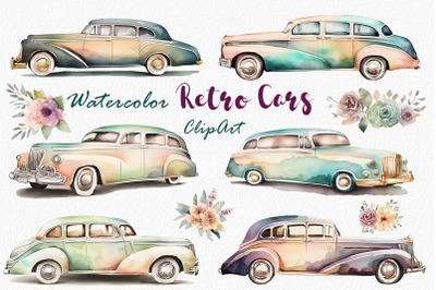 Watercolor Retro Limousine Cars Clipart