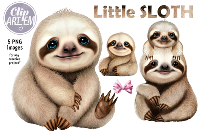 Baby Sloth 5 PNG Images Set for Kids Decor Digital Print Wall Art