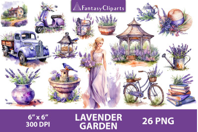 Watercolor Lavender Garden Clipart | Girl In Purple Dress