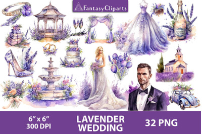 Watercolor Lavender Wedding Clipart | Bride In Dress PNG