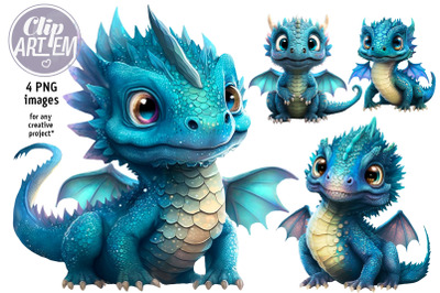 Young Blue Dragon Cute 4 PNG Images Set Illustration Clip Art Digital