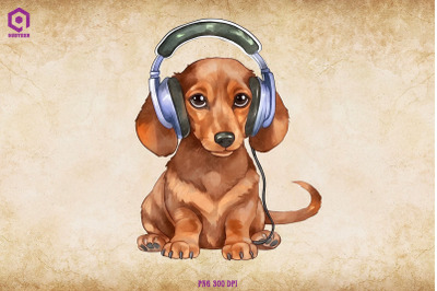 Dachshund Wearing Headphone