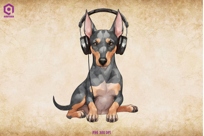 Doberman Pinscher Wearing Headphone