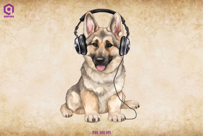 German Shepherd Wearing Headphone