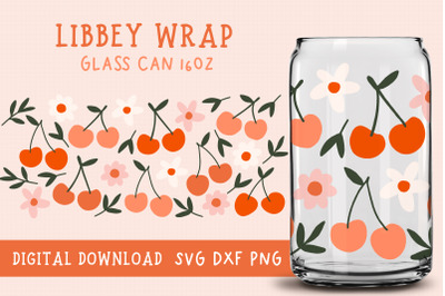 Cherry Svg, Floral Svg, Glass Can Svg, Libbey Wrap, Summer Wrap, 16oz Libbey Can Glass, Full Glass Can Wrap, Coffee Can Glass, Spring Wrap