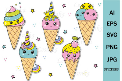 Dessert Ice Cream Kawaii Stickers for Printing Cricut