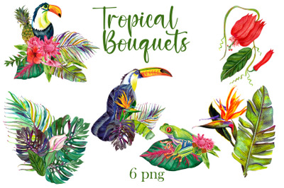 Watercolor Tropical Bouquets, flowers clipart