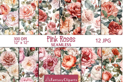 Hand drawn Watercolor Pink Roses And Peonies Digital Paper