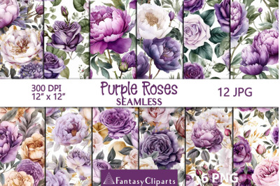 Hand Drawn Watercolor Purple Roses And Peonies Digital Paper