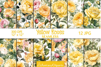 Hand Drawn Watercolor Yellow Roses And Peonies Digital Paper