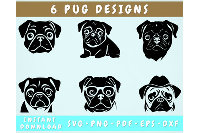 Pug SVG Bundle, 6 Designs, Pug PNG, Pug Clipart, Pug In Glasses SVG