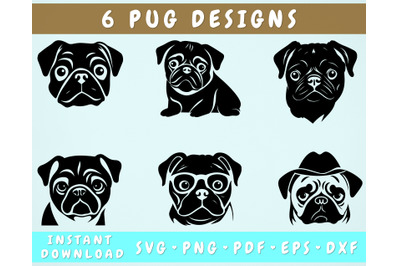 Pug SVG Bundle&2C; 6 Designs&2C; Pug PNG&2C; Pug Clipart&2C; Pug In Glasses SVG