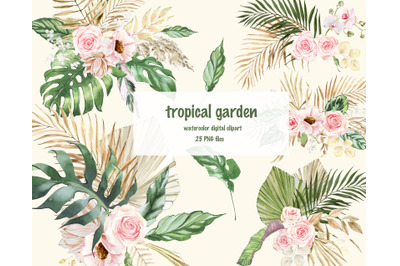 Tropical Watercolor Floral Clipart, Dried Palm leaves, Monstera palm l
